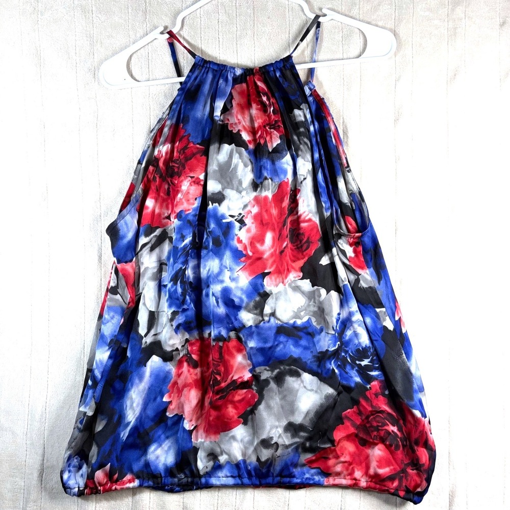 Y2K Women's Silky Floral Ruffle Sleeveless Top - Red, Blue, and Gray Size Large - Picture 6 of 13